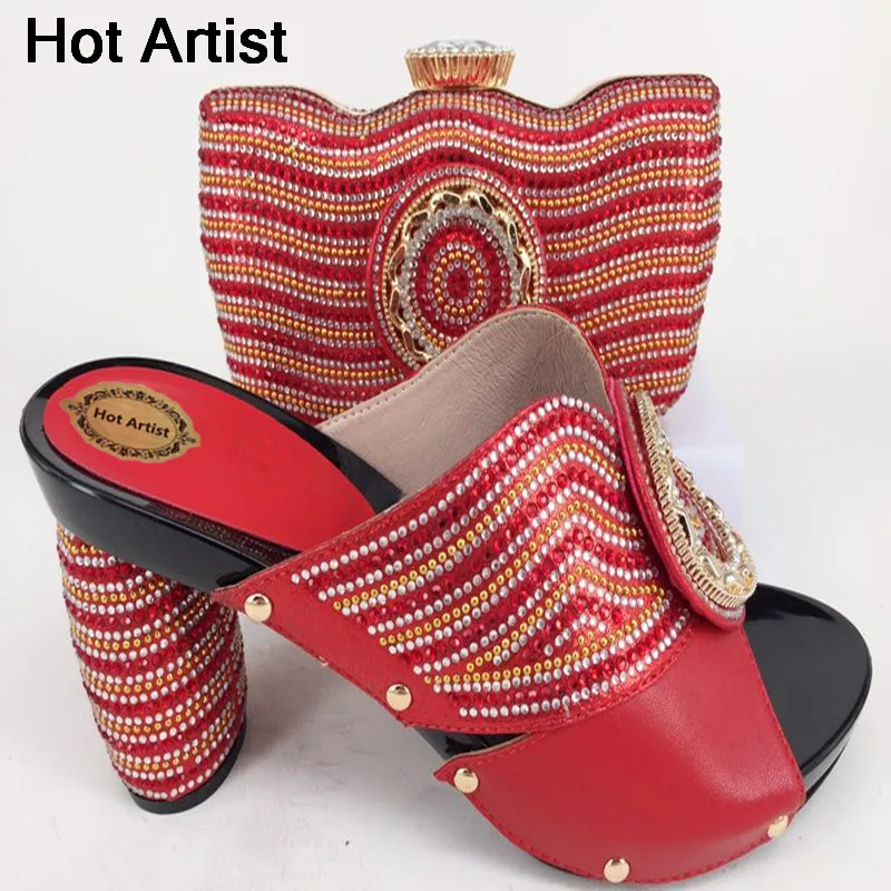 

Hot Artist Red Color Italian Woman Pretty Shoes And Bag Set African Rhinestone High Heels Shoes And Bags Set For Party YK-226