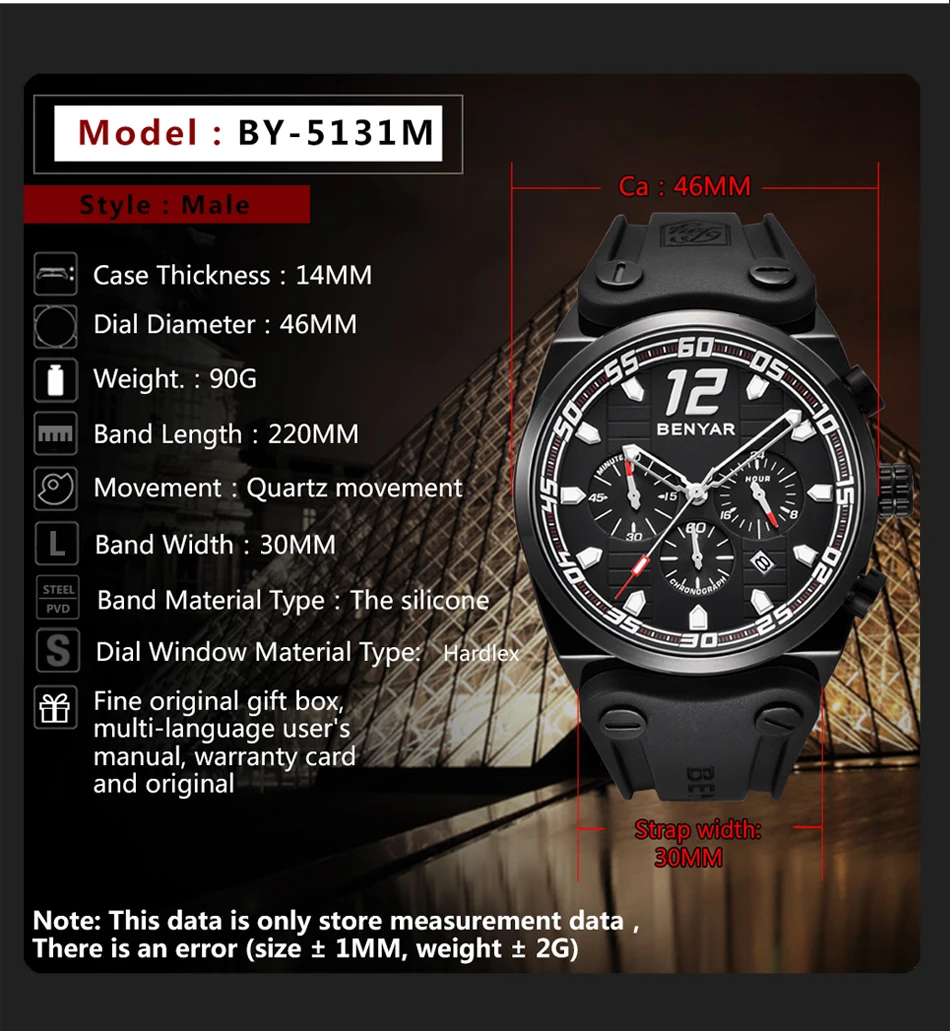 Новые BENYAR мужские часы лучший бренд класса люкс модный Хронограф Спортивные Силиконовые кварцевые военные часы Relogio Masculino