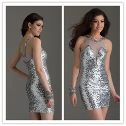 Роскошные Серебристые платья для выпускного вечера с блестками и прозрачной горловиной 2015, высокое качество, vestidos de festa vestido curto, облегающие