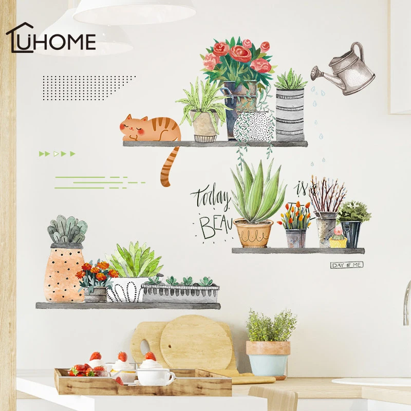 

Nordic Ins Green Plant Wall Stickers Cactus Bonsai Sleeping Cat Wall Sticker for Living Room Bedroom Decoration Removable