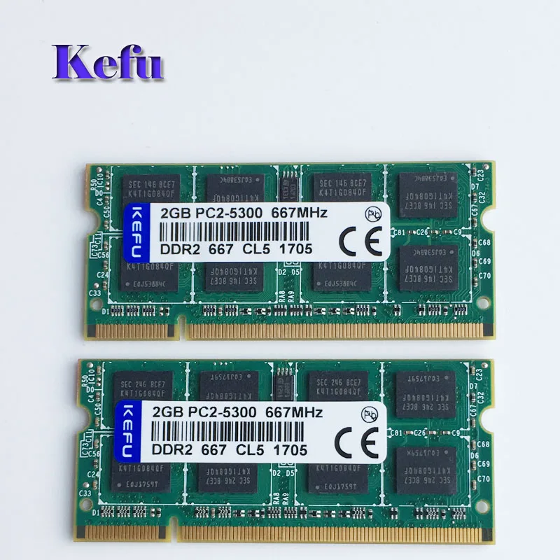 Vente 2 Pcs 2x2 GB DDR2 667 PC2 5300 667 Mhz DDR2 Ordinateur Portable Mémoire SODIMM RAM Portable Non Ecc 200 broches Faible densité