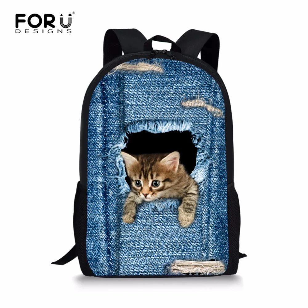 FORUDESIGNS Cat Backpack Cute 3D Animal Denim Backpacks for Children Boys Girls Casual font b Kids