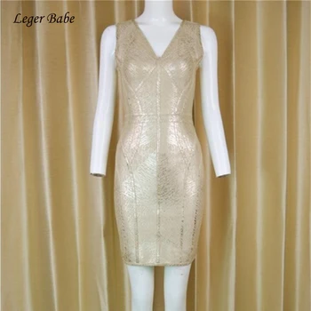 

Sexy V Neck Sleeveless Bandage Dress Backless Bodycon Club Party Cocktail Women Dresses Gold Black Foil Printing Vestidos