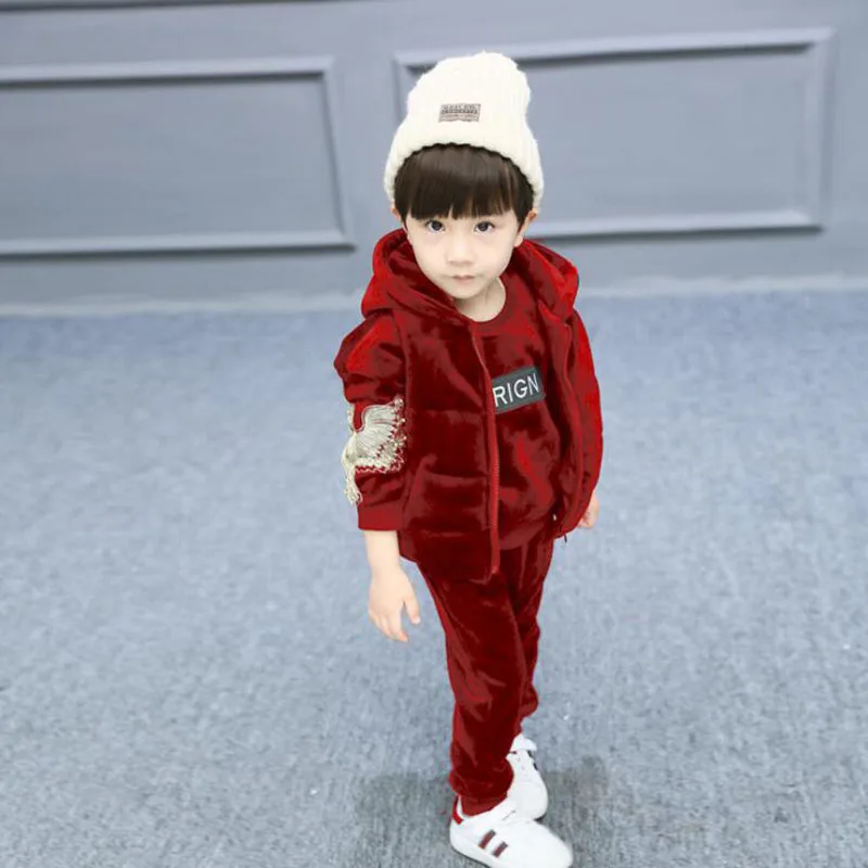 Новые зимние из трех частей детский повседневный комплект толстый теплый бархат мода детская одежда комплект