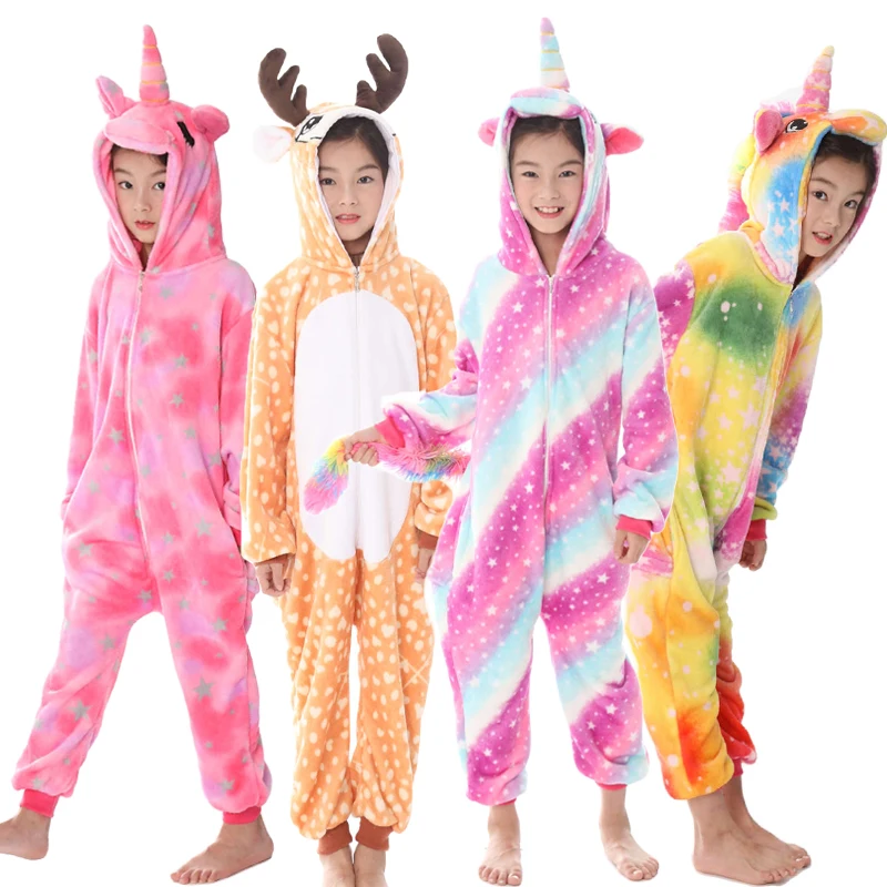 

Girls Boys Winter Kigurumi Pajamas Unicorn Cartoon Animal Onesies Sleepwear Coral Fleece Warm Jumpsuit Children Pyjamas Kids