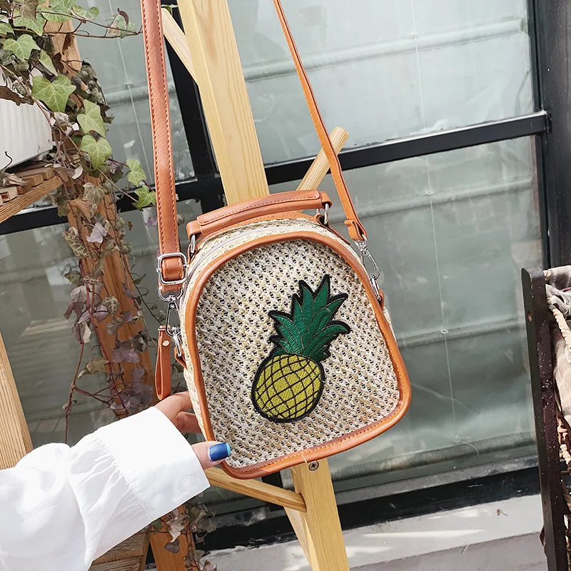 

Handmade Nylon Woven Women Shoulder Bags PU Leather Beach Feminine Messenger Bags Pineapple Print Teenage Crossbody Bag