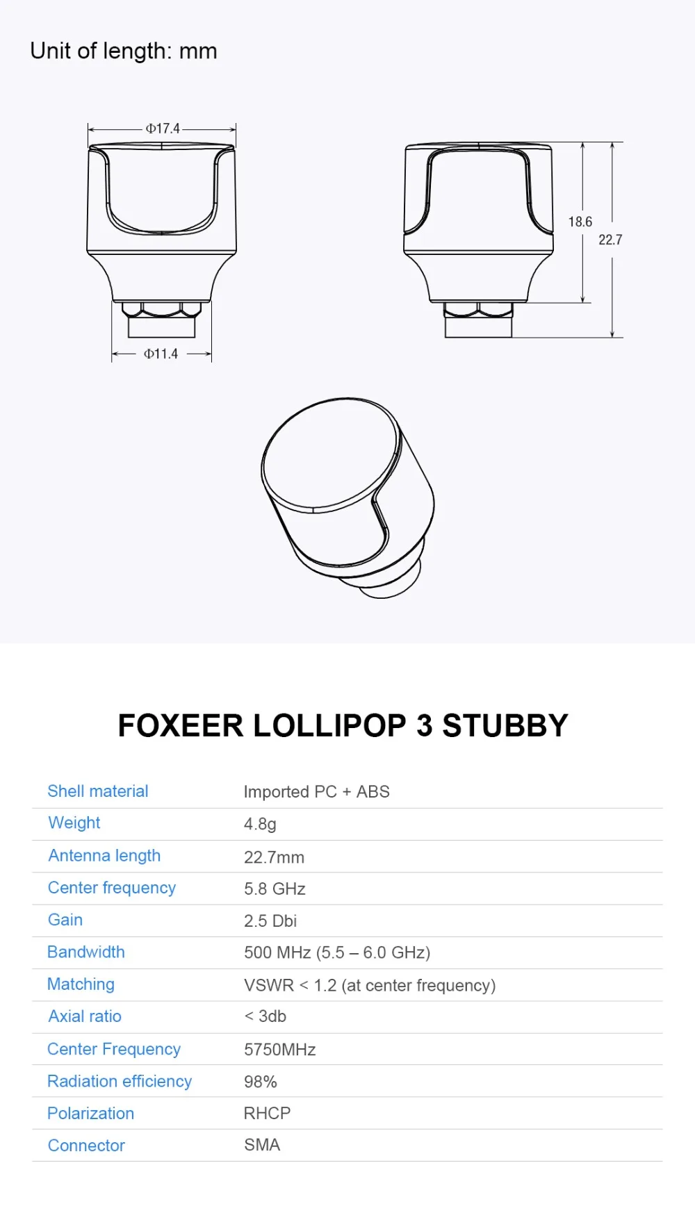 Foxeer леденец 3 V3 Stubby антенна 5,8G 2.3Dbi RHCP LHCP 22,7 мм 4,8 г FPV SMA микро Грибная приемная антенна для FPV зеленый