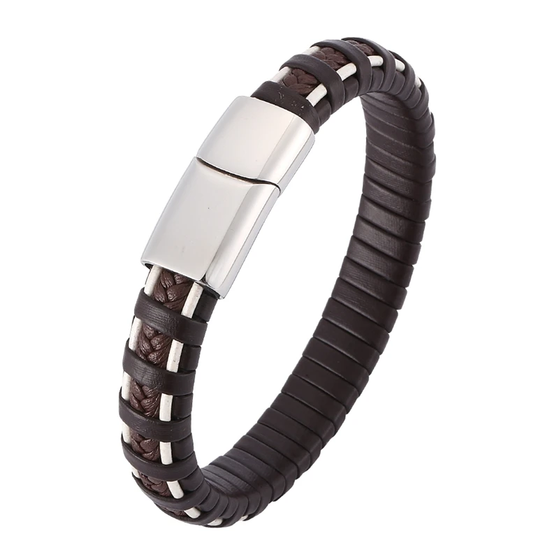 

New Unique Design Black Braided Leather Bracelet Men Jewelry Punk S.Steel Magnetic Clasp Casual Leather Wristband Vintage SP0405