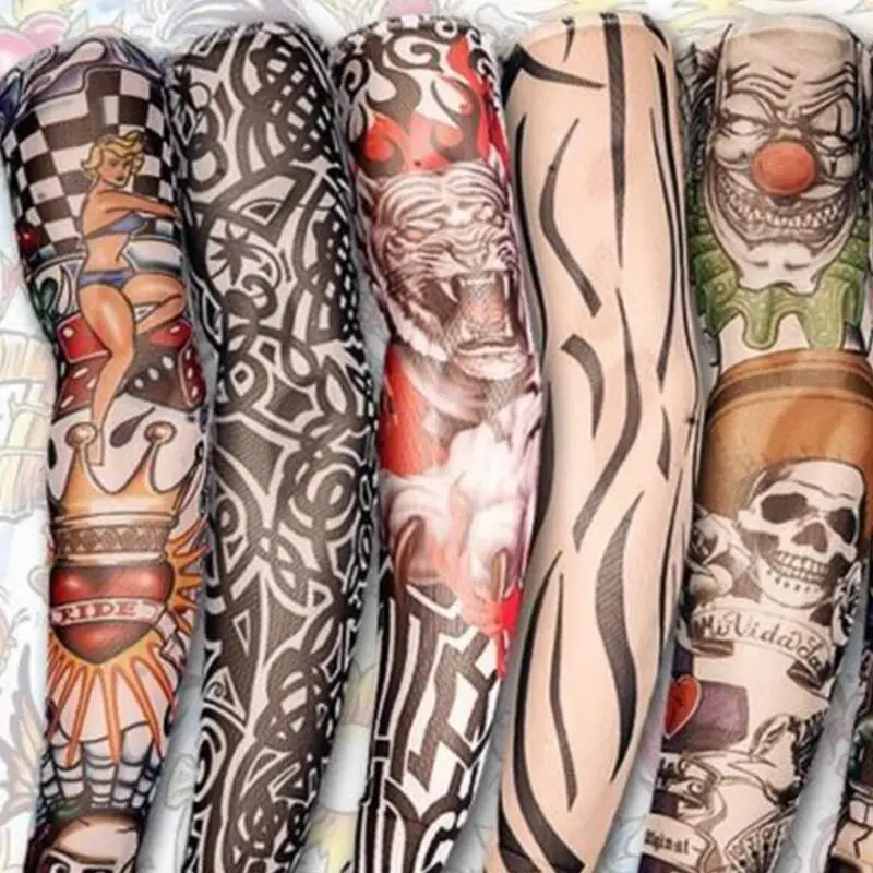 10 PCS mixed 100%Nylon elastic Fake temporary tattoo sleeve designs body Arm stockings tatoo for cool men women Free shipping
