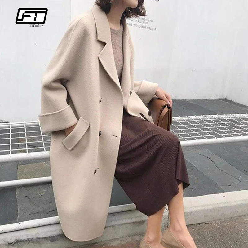 

Fitaylor Woolen Trench Coats Women Autumn Winter Thick Loose Double Breasted Female Casual Overcoat Warm Woolen Long Outerwear