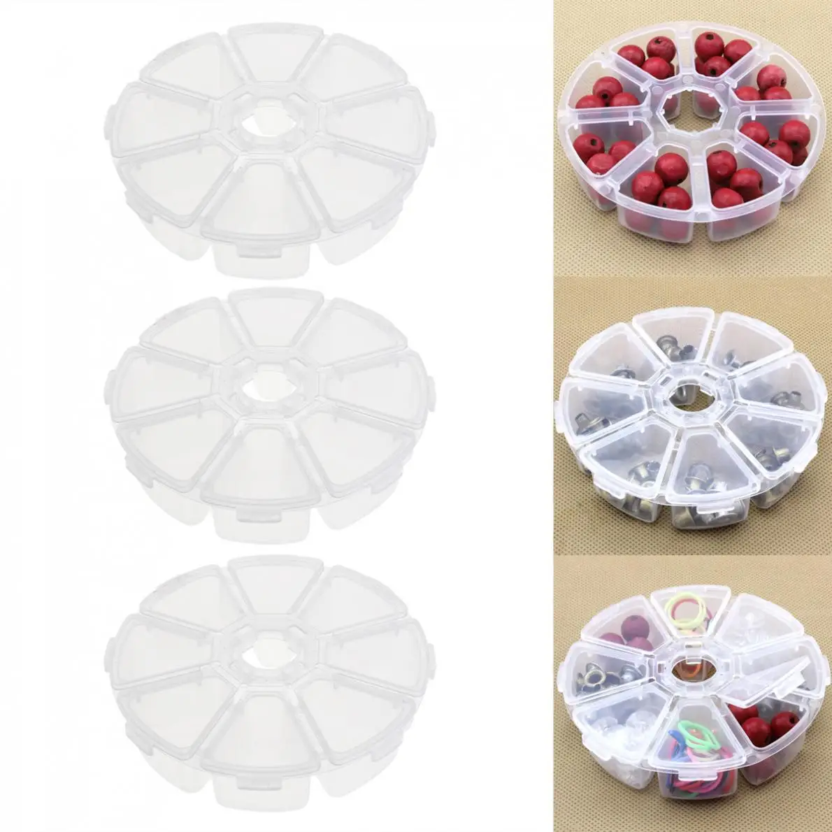 3pcs Mini 8 Grid Transparent Plastic Round Storage Box Jewelry