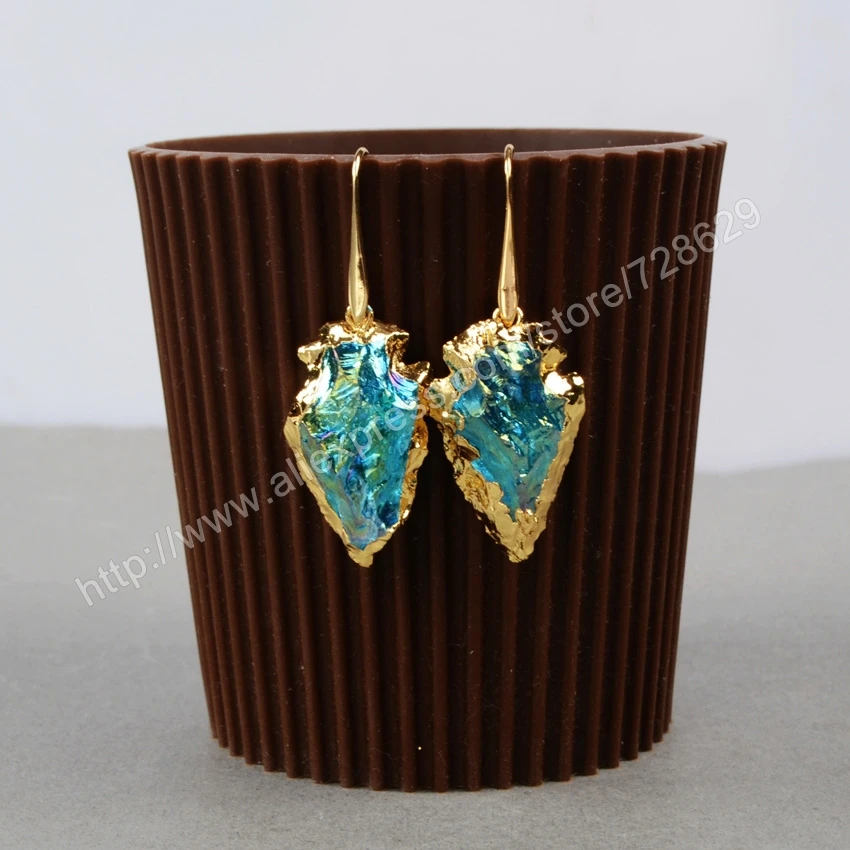 

BOROSA 5PCS Fashion Gold Color Rough Natural Titanium Quartz Arrowheads Charm Earrings G0757
