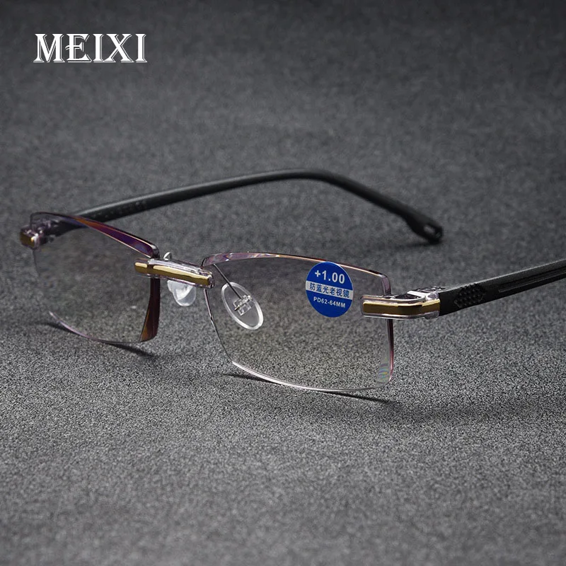 

2018 New Anti-Blu-ray Reading glasses Diamond Cutting Metal Rimless reading glasses fashion Eyewear +1.5 2.0 2.5