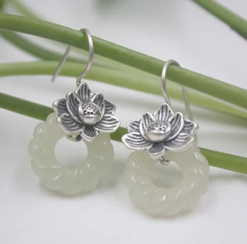 

Real Sterling S925 Silver Dangle Earrings Hook Hetian Jade Flower For Women Ladies Girl 27*15mm Earrings Drop