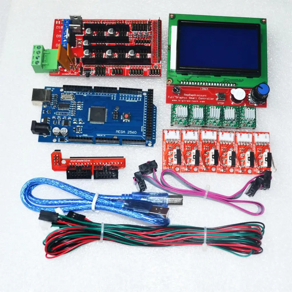 CNC 3d Принтер Комплект для Arduino Mega 2560 R3+ RAMPS 1,4 контроллер+ lcd 12864+ 6 концевой выключатель фиксатор+ 5 A4988 шаговый драйвер