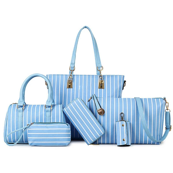 

Luxury Contrast Color Striped WomanHandbag 6 Pcs Composite Bags Set Women Shoulder Crossbody Bag Female Wallet Clutch Bags