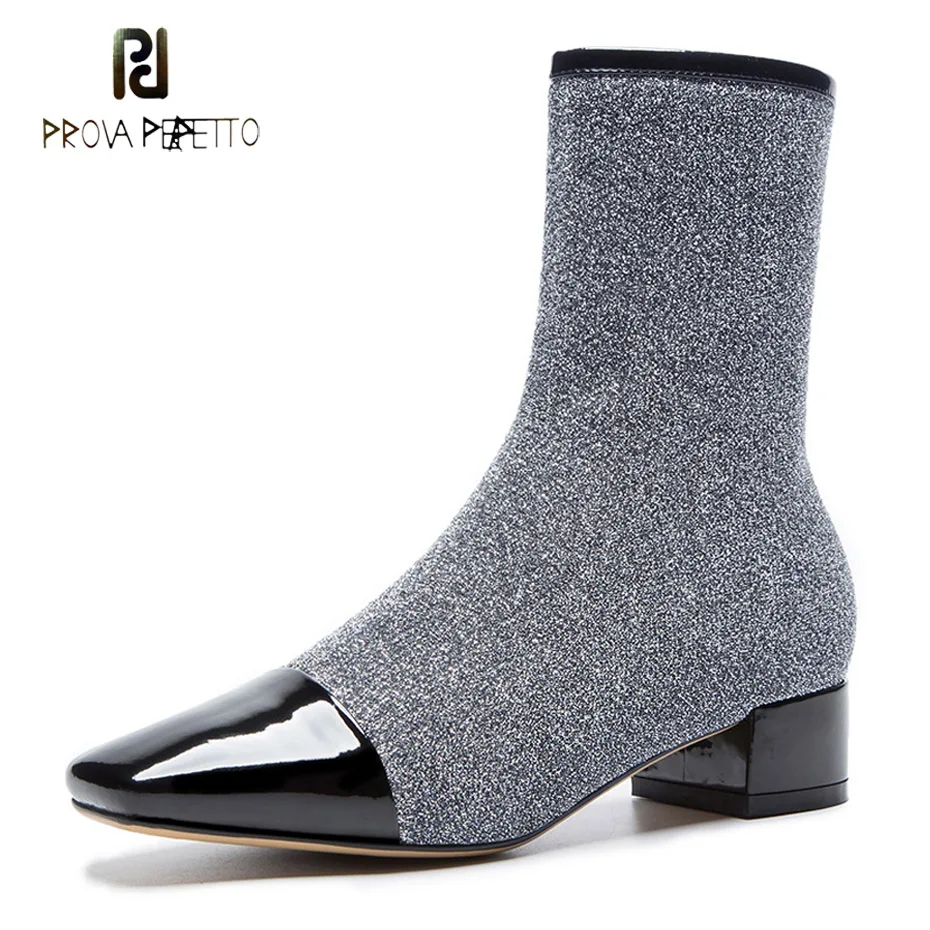 Prova Perfetto sliver black sequined cloth ankle boots women patent