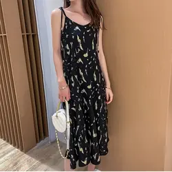 2019 сексуальное летнее платье с принтом Vestidos женское повседневное богемное платье без рукавов с бретельками тонкое пляжное шифоновое