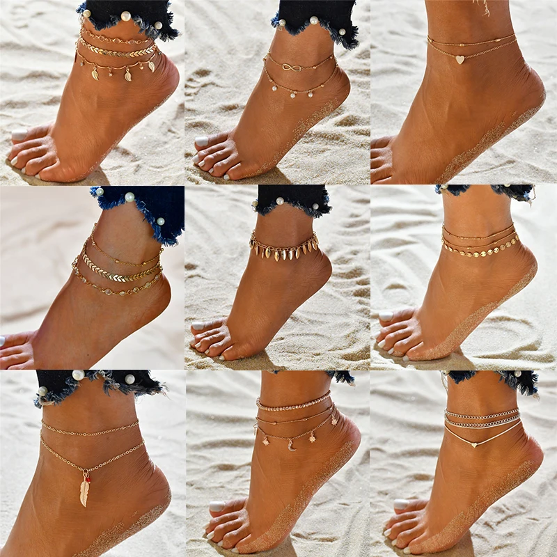 3Pcs/Set For Women Gold Plated Star Ankle Chain Anklet Bracelet Foot Jewelry New 