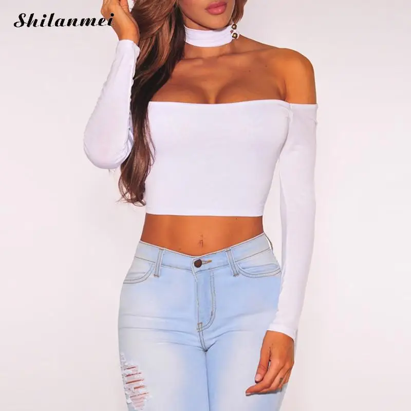 off the shoulder white crop top long sleeve