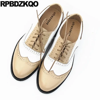 

lace up 11 vintage women oxfords shoes genuine leather brogue designer round toe cowhide 10 large size nude flats british style