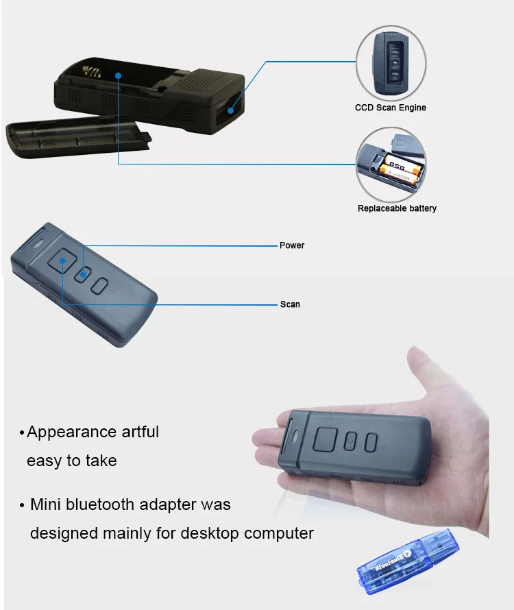 Портативный беспроводной Bluetooth CCD 1D сканер штрих-кодов PT20 для мобильного/планшета/ПК