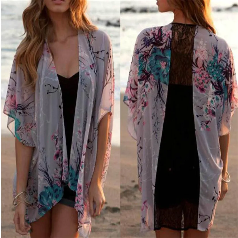 

Delicate Hot! Summer Style Fashion Ladis Sexy Women Floral Short Sleeve Lace Splice Chiffon Kimono Cardigan Tops Blouse act30