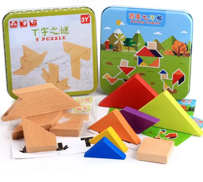 DIY Деревянные Tangram T Пазлы традиционные образовательные головоломки для малышей игры игрушки в подарочной железной коробке для детей