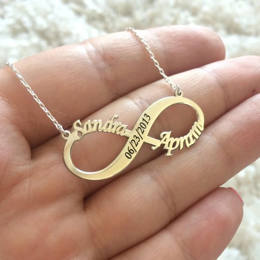 QIAMNI Custom Letters Personalized Date Infinity Couple Name Necklace Pendant Love Birthday Gift Anniversary Date Jewelry