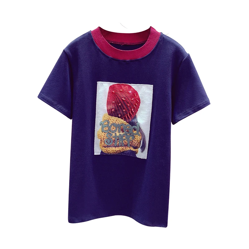 Short Sleeve Tee Woman 2019 Summer Splicing O-neck Printing Beaded T Shirt Women Pure Cotton T-shirt Girls Student T-shirts Tops Short Sleeve Tee Woman 2019 Summer Splicing O-neck Printing Beaded T Shirt Women Pure Cotton T-shirt Girls Student T-shirts Tops