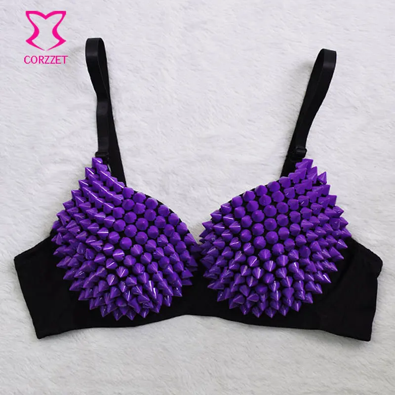 

Purple Candy Color Punk Spike Stud Rivet Sujetadores Push Up Soutien Gorge Sexy Bra Women Bralette Brassiere For Club Dance Wear