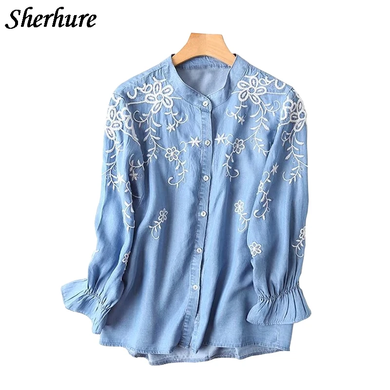 

2019 Harajuku Women Shirt Soft Denim Femme Floral Embroidery Blouse Long Sleeve Loose Casual Women Shirts Blusa Tops For Women