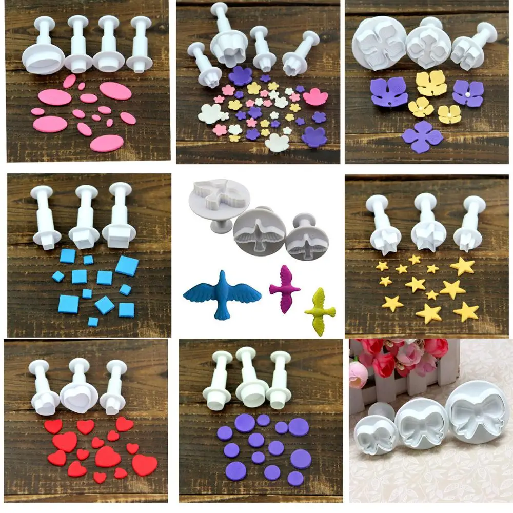

DIY Bow Knot Flower Round Star Plunger Cutter Molds 3pcs/set Square Bird Embossed Stamp For Fondant Cake Cookie Decorating Tool