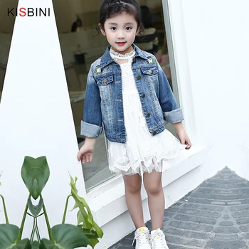 

KISBINI 2018 Spring Autumn New Arrivals Denim Coat Girls Clothes Magpies Embroidered Jacket Cool Kid Turn-down Collar Outerwear
