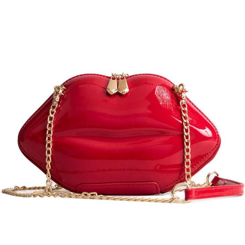 

Women Red Lips Clutch Bag High Quality Ladies Patent PU Leather Chain Shoulder Crossbody Bag Bolsa Evening Bag Lips Shape Purse
