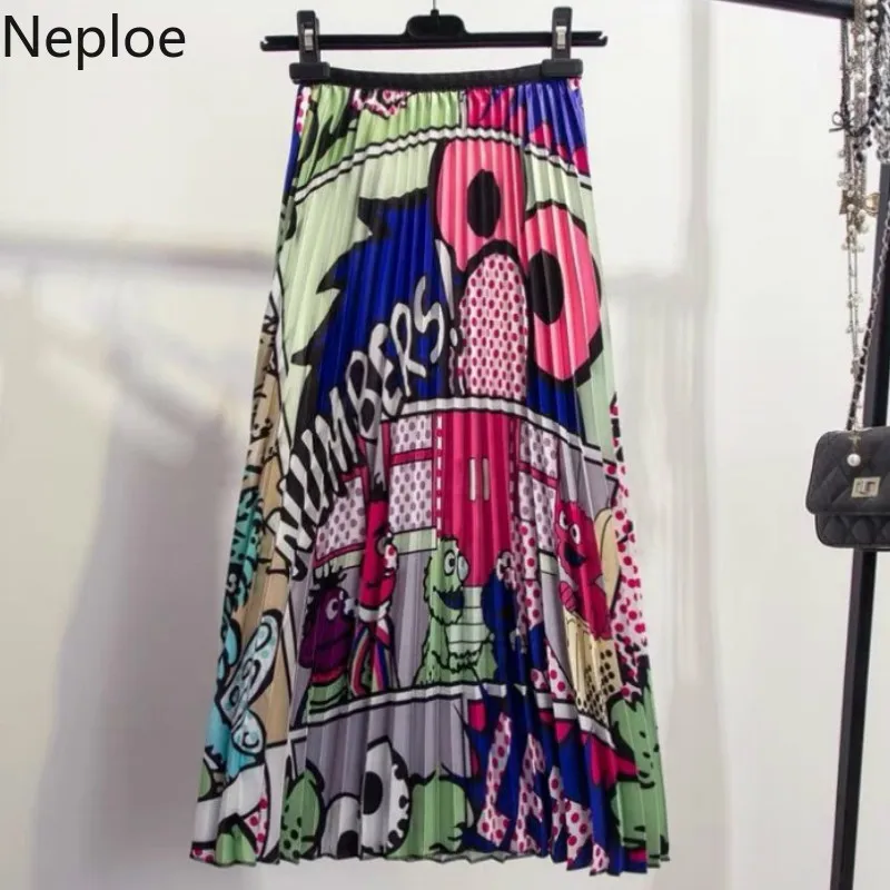 Neploe/юбки с рисунком животных из мультфильма для женщин, лето 2019, новая модная плиссированная юбка с буквенным принтом, эластичная талия, Jupe
