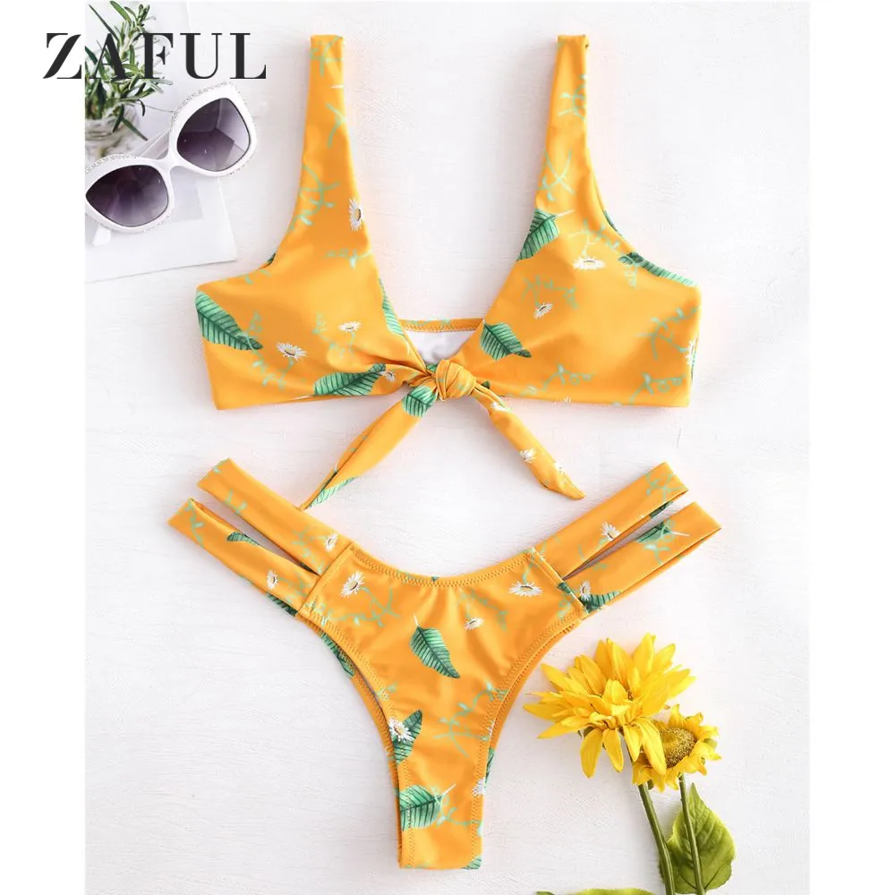 

ZAFUL Tie Front Knot Bikini Set Leaf Swimwear Women Swimsuit Sexy Plunge Hollow Out Swimsuit Cut Out Bikini Padded Bathing Suit