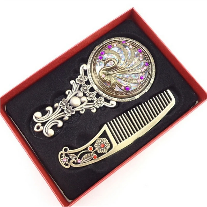 1Set New Retro Bronze Handheld Mirrors Hollow Cosmetic Compact Mirror Comb Set With Gift Box