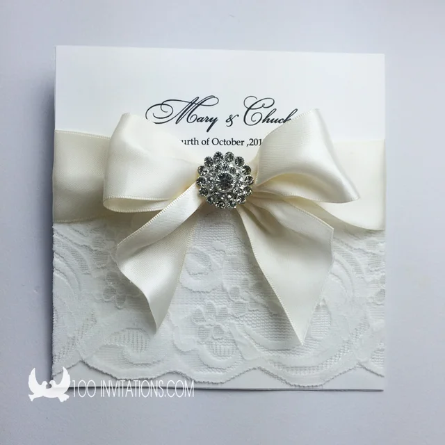 elegant square lace wedding invitation card with lace ribbon bow