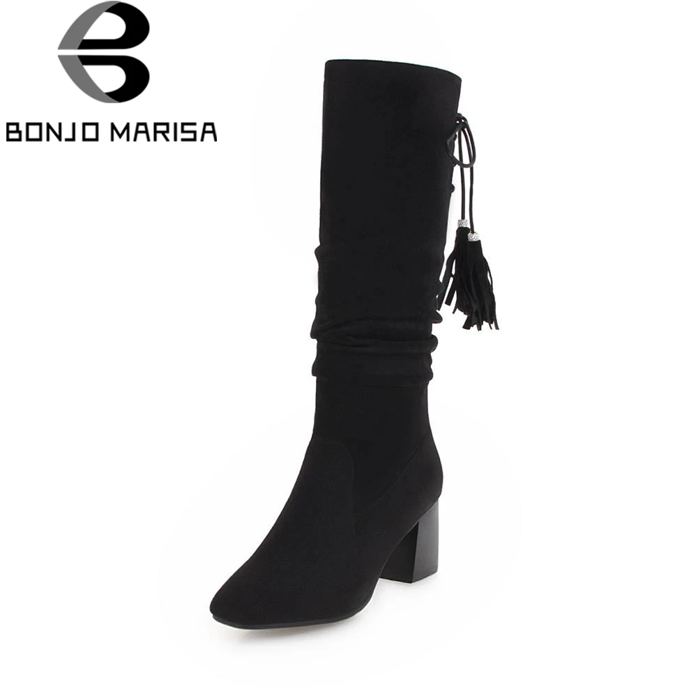 

BONJOMARISA Fashion Mature Black Pleated mid-calf Boots Women Autumn 2018 Large Size 33-43 High Heels Shoes Woman Elegant