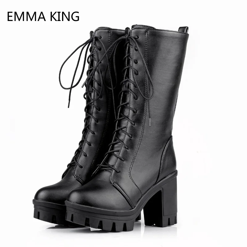 

Black Lace Up Ankle Boots Women Combat Martin Boots Round Toe Metal Detail Knee High Boots Platform Ladies Shoes Female