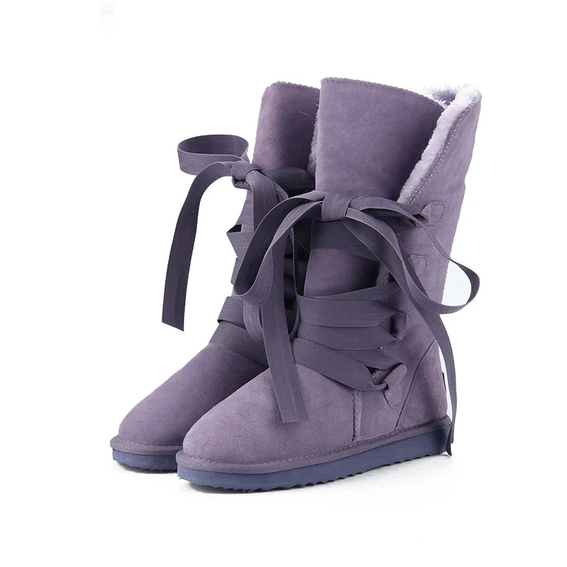 MBR FORCE/Классические высокие зимние сапоги в австралийском стиле; женские сапоги из натуральной воловьей кожи; высокие сапоги на шнуровке; теплые зимние сапоги на меху - Цвет: Purple