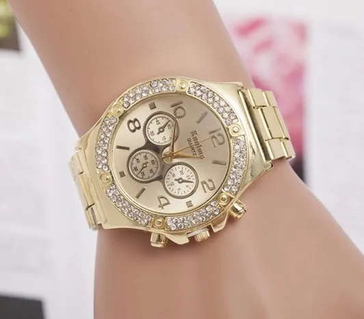 Новые модные золотые часы Женские Роскошный брендовый горный хрусталь наручные часы из нержавеющей стали ЖЕНСКИЕ НАРЯДНЫЕ часы для дам кварцевые часы - Цвет: gold