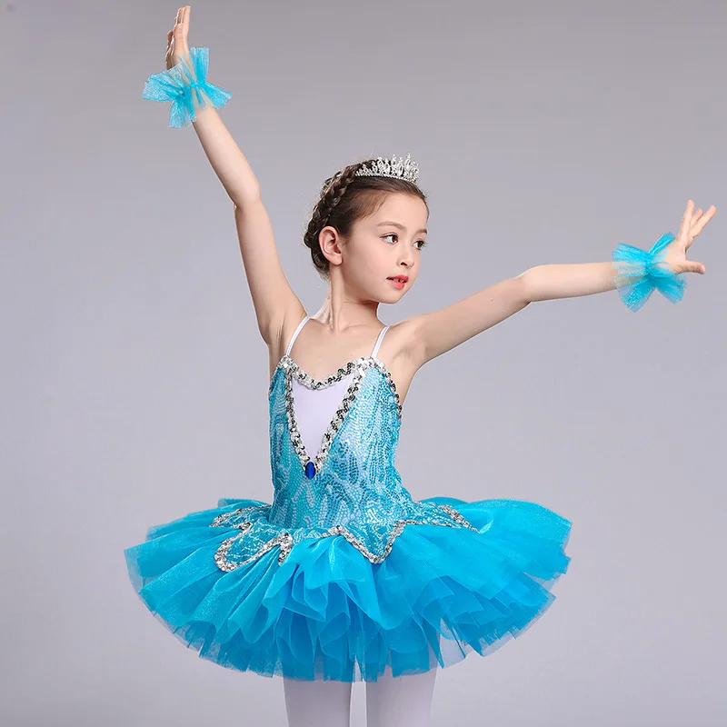 Небесно-голубая профессиональная балетная пачка для девочек, детская балетная пачка с блестками, детский танцевальный костюм для девочек