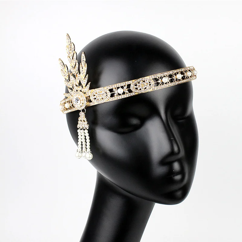 gold Art Deco 1920s Flapper Great Gatsby Leaf Wedding Bridal Tiara Pearl Headpiece Headband