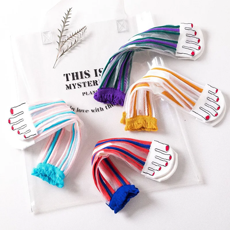 

Striped Funny Socks Women Summer Fashion Skarpetki Tulle Sock Colorful Rainbow Ruffle Frilly Ankle Transparent Socks Ladies