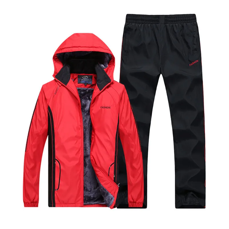 Зимние спортивные костюмы, мужской комплект, утепленные флисовые толстовки+ штаны, костюм, теплая Повседневная Мужская спортивная одежда, пальто, большие размеры, L-5XL - Цвет: Красный