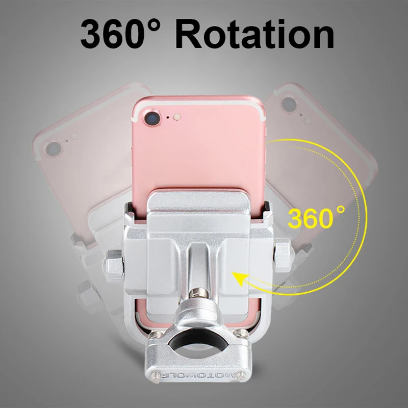 Silver Aluminum Alloy Motorcycle Bicycle Phone Mount 360 Degrees Adjustable Handlebar Holder Universal Fit 4-6 inch Phone GPS Silver Aluminum Alloy Motorcycle Bicycle Phone Mount 360 Degrees Adjustable Handlebar Holder Universal Fit 4-6 inch Phone GPS