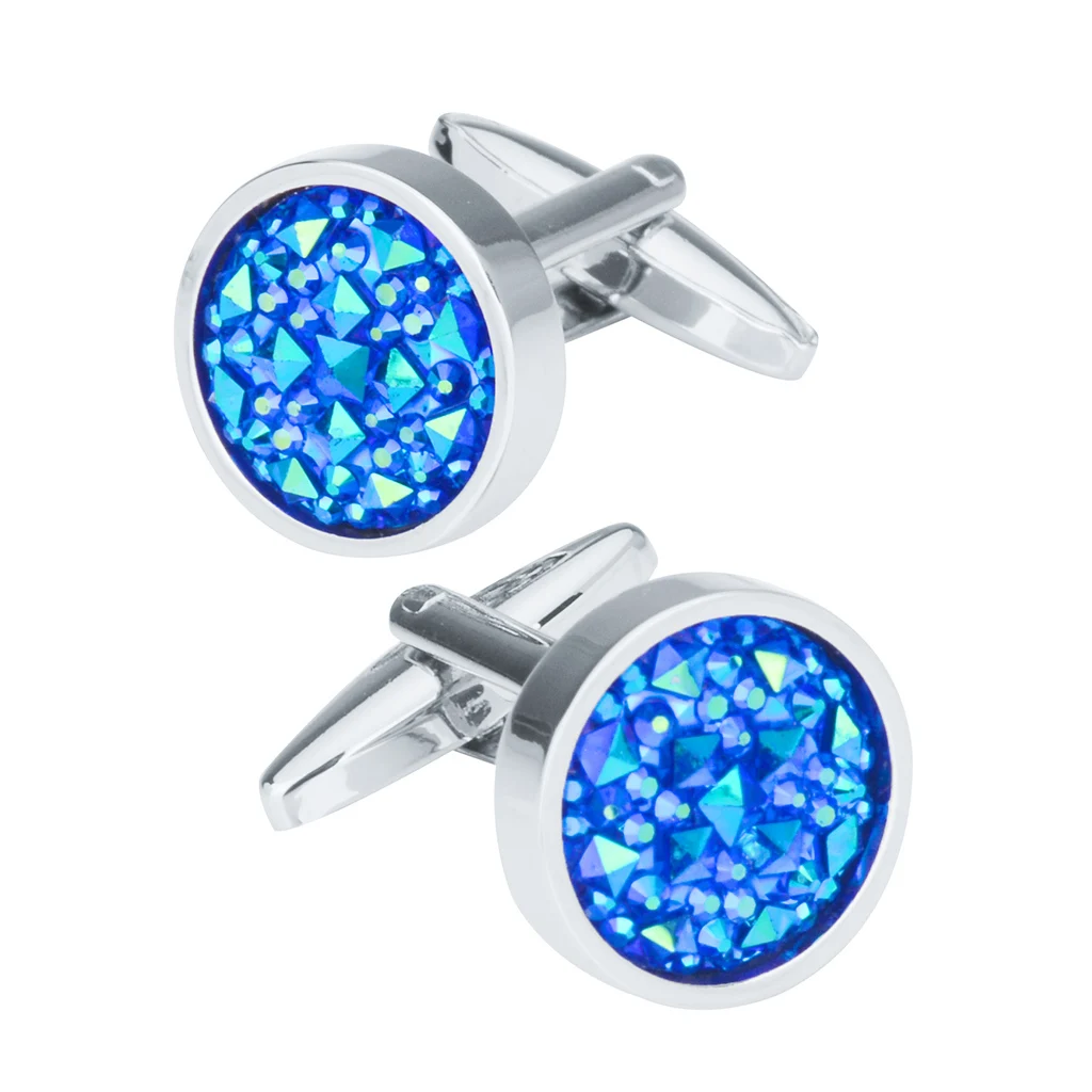 Fantasy Glitter Crystal Blue Sky Star Circular Round Cufflinks Elegant Mens Jewelry