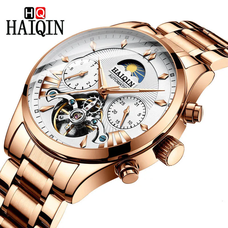 Full Gold White HAIQIN Мужские механические часы, автоматические деловые наручные часы с календарем, водонепроницаемые спортивные часы из нержавеющей стали для мужчин, reloj hombre - Цвет: Full Gold White